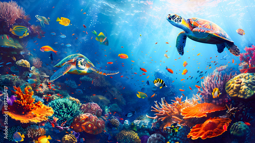 Vibrant Coral Reef Teeming with Diverse Marine Life and a Majestic Sea Turtle Colorful underwater scene showcasing the beauty and biodiversity of a thriving tropical ocean ecosystem