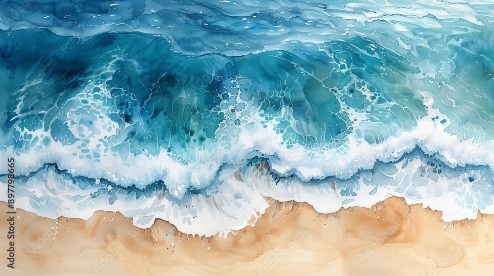 Overhead View of Blue Ocean Waves Crashing on Sandy Beach