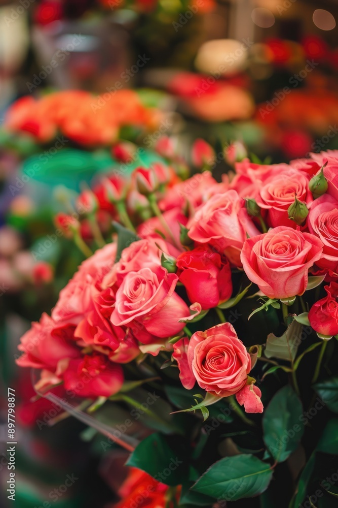 Bouquet of red roses at florist flower shop with vibrant flowers on blurred floral background Bouquet of red roses at florist flower shop with vibrant flowers on blurred floral background