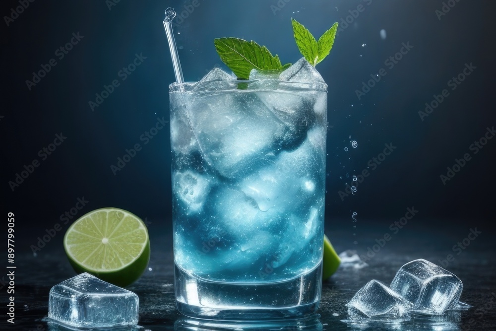 Blue Lagoon mojito with lime and mint leaves over a dark background Blue Lagoon mojito with lime and mint leaves over a dark background