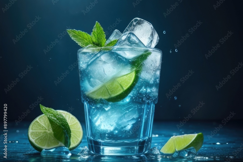 Blue Lagoon mojito with lime and mint leaves over a dark background Blue Lagoon mojito with lime and mint leaves over a dark background