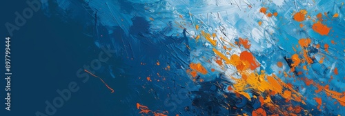 Vibrant abstract artwork with blue, white, and orange brushstrokes, creating dynamic and colorful visuals.