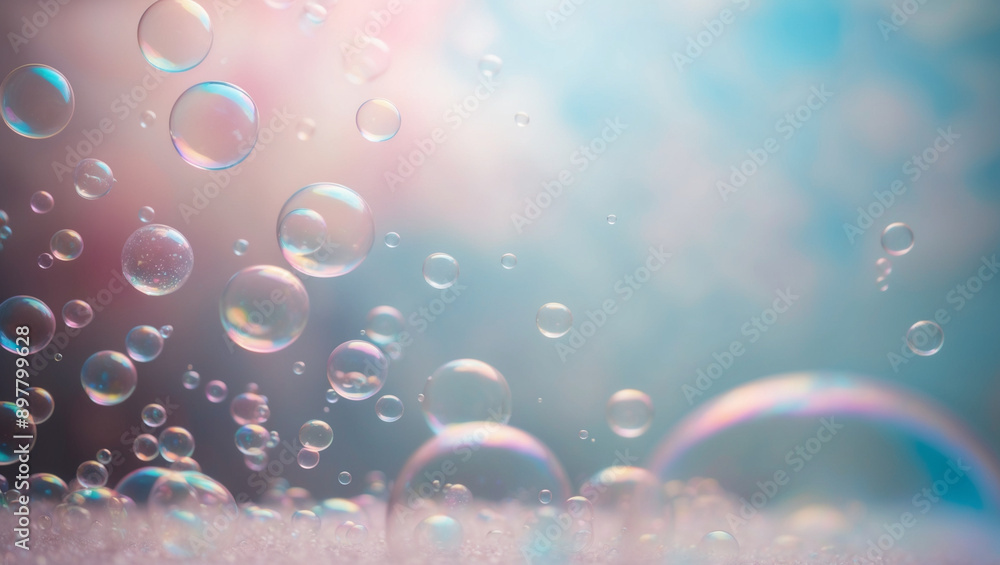 Iridescent Soap Bubbles Floating Against A Soft Pink And Blue Background Iridescent Soap Bubbles Floating Against A Soft Pink And Blue Background