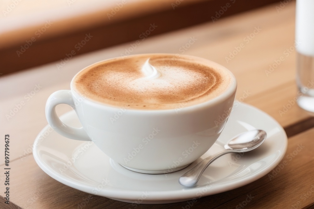 Cappuccino on a wooden table in a coffee shop Cappuccino on a wooden table in a coffee shop