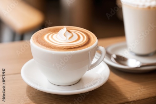 Cappuccino on a wooden table in a coffee shop