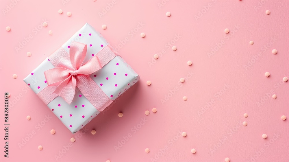 A White Gift Box With Pink Bow and Confetti on a Pink Background. A White Gift Box With Pink Bow and Confetti on a Pink Background.