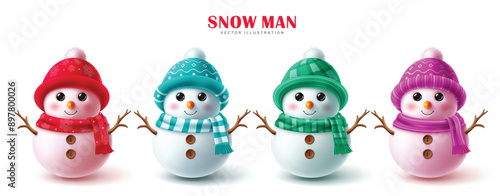 Christmas snowman characters vector set design. Snow man character with colorful hat, scarf and twig elements in white isolated background for xmas holiday collection. Vector illustration winter