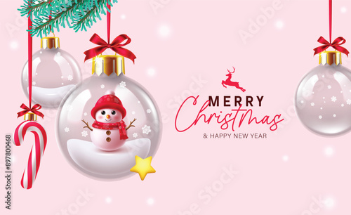 Merry christmas greeting vector design. Christmas greeting text with snowman character in hanging ball glass, crystal balls, candy cane and spruce leaves elements for xmas bauble decoration background