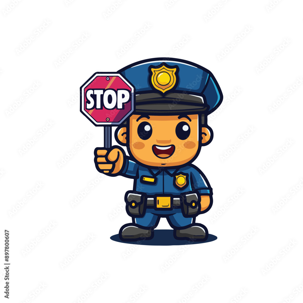 cute policeman holding stop symbol signboard cute policeman holding stop symbol signboard