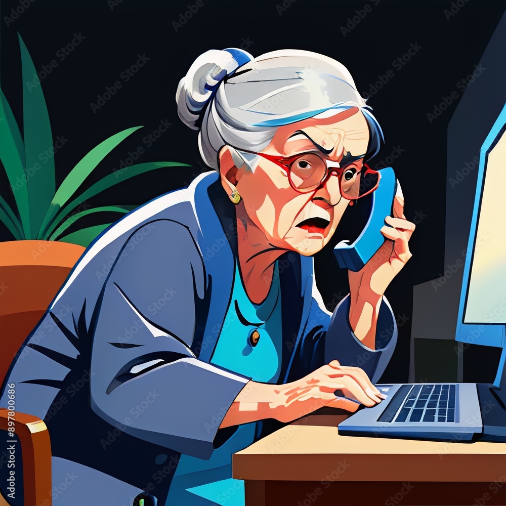 Old woman lady on laptop, yelling at the phone, enjoying the internet, older person, edna, Vector art, Old woman lady on laptop, yelling at the phone, enjoying the internet, older person, edna, Vector art,