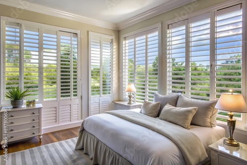 Elegant white plantation shutters adorn a serene bedroom window, softly filtering natural light, with blurred background highlighting the luxurious interior design element.