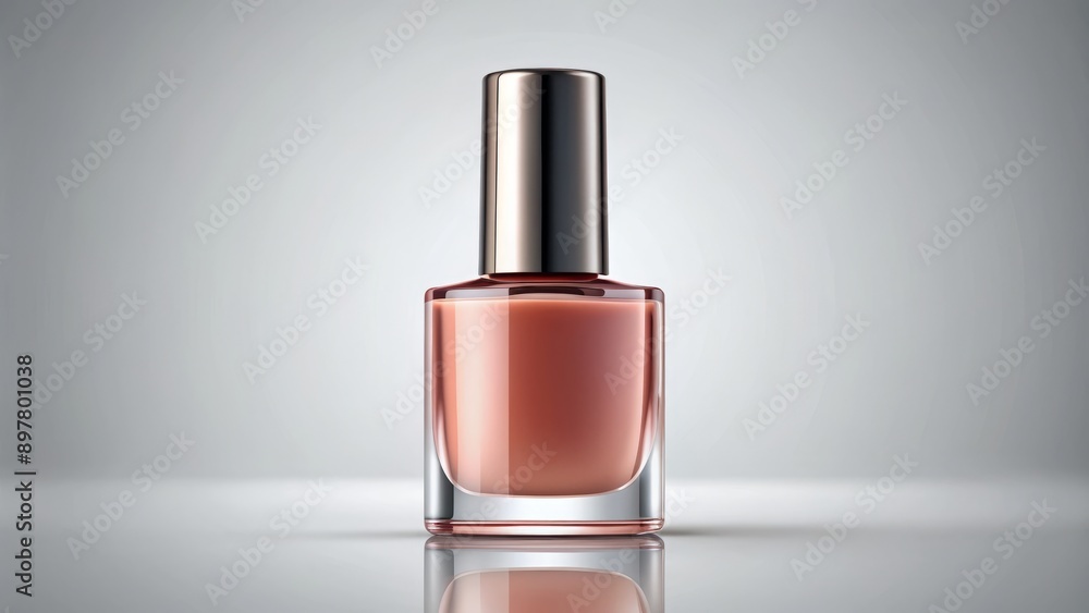 A sleek, round, glossy nail polish bottle with a matching cap sits isolated on a clean background, showcasing realistic packaging mockup template design. A sleek, round, glossy nail polish bottle with a matching cap sits isolated on a clean background, showcasing realistic packaging mockup template design.
