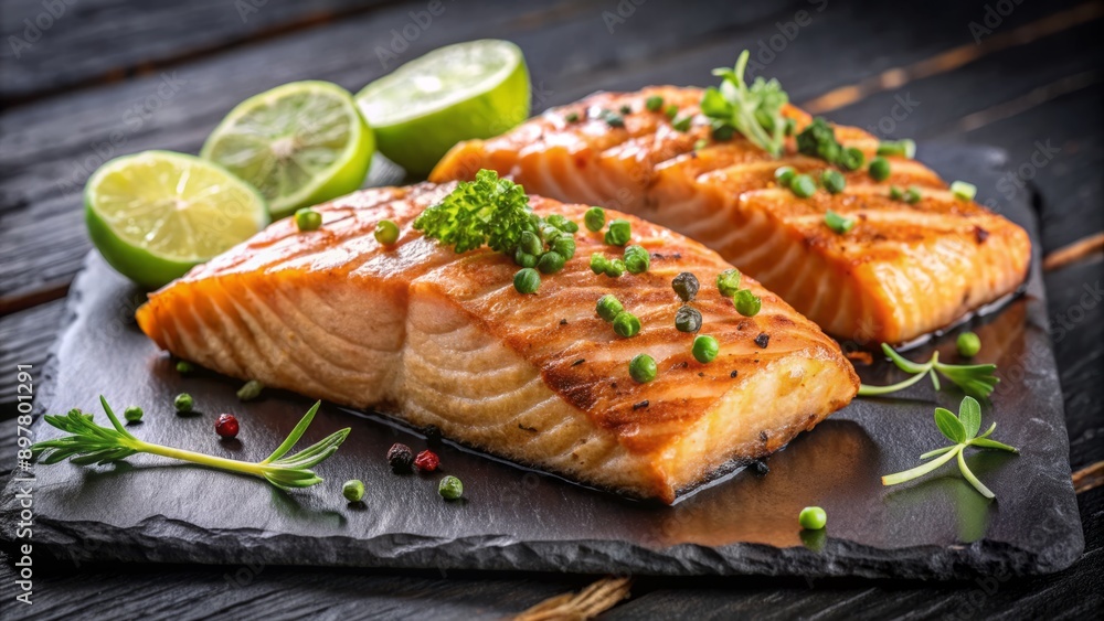 Freshly grilled salmon fillet with golden-brown crust and grill marks served on black slate platter with two lime wedges alongside. Freshly grilled salmon fillet with golden-brown crust and grill marks served on black slate platter with two lime wedges alongside.