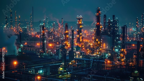 Wallpaper Mural Oil refinery plant at night. Illuminated petroleum oil industry factory. Industrial scenery of gas energy production Torontodigital.ca