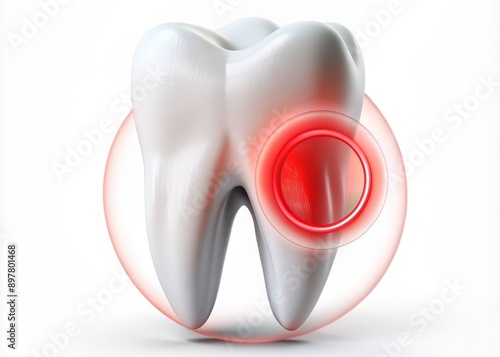 A close-up of a tooth model on a white background with a red circle around the gum line, symbolizing toothache pain and gum irritation. photo