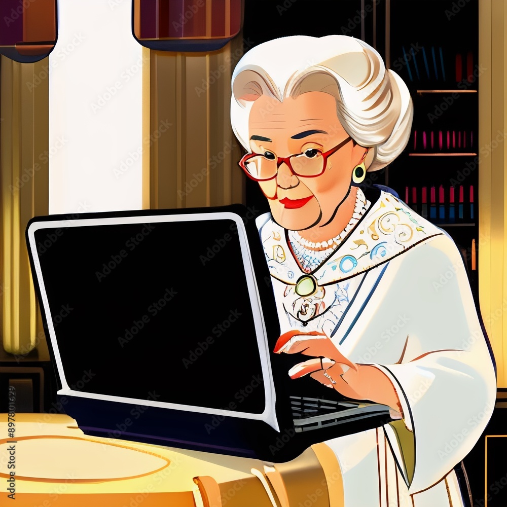 Old woman lady on laptop, yelling at the phone, enjoying the internet, older person, edna, Vector art, Old woman lady on laptop, yelling at the phone, enjoying the internet, older person, edna, Vector art,