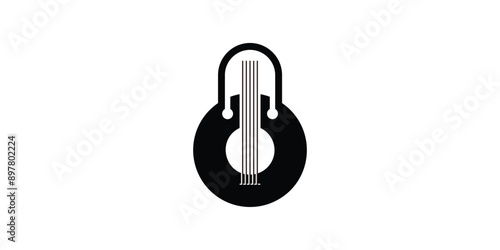 guitar and padlock logo design, security, lock, key, music, instrument symbol logo design, icon, vector, creative, idea.