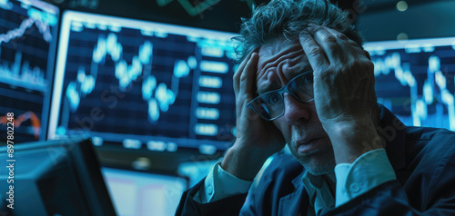 Cryng stock trader sitting in front of red trading chart on the wall, looking sad and worried, wearing glasses with black frame photo