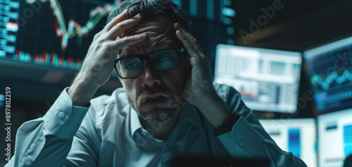 Cryng stock trader sitting in front of red trading chart on the wall, looking sad and worried, wearing glasses with black frame photo