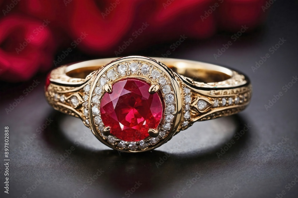 uby Ring: A close-up shot of a ruby ring placed on a sleek, neutral surface such as white marble or matte black.