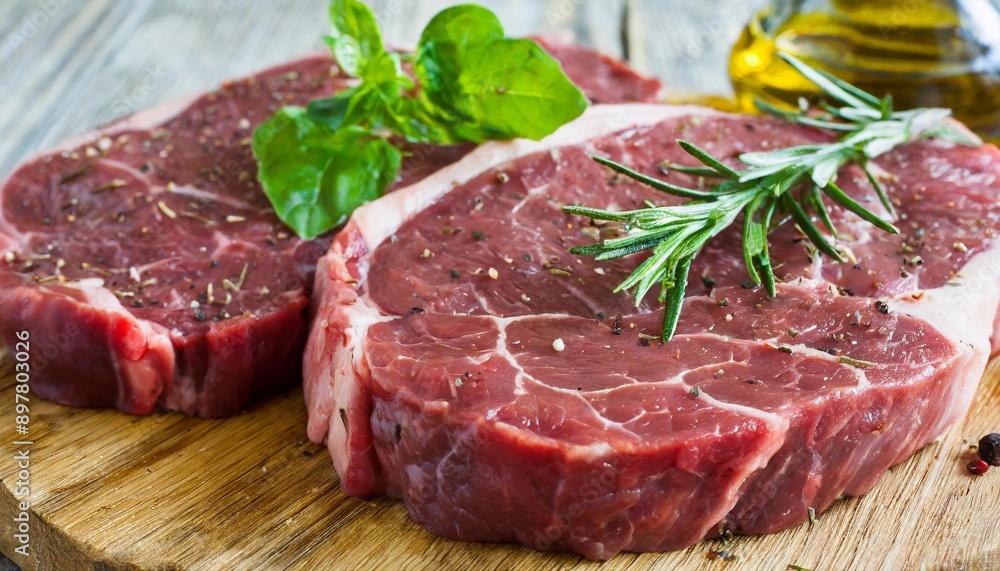 Raw beef steaks with herbs and spices ready for cooking are on wooden board. Raw beef steaks with herbs and spices ready for cooking are on wooden board.