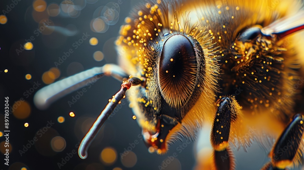 A close-up of a bee’s legs covered in pollen, showing the tiny grains and hairs