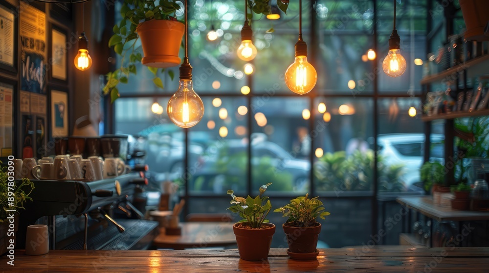 Blurred coffee shop interior with warm lighting