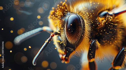 Obraz na płótnie A close-up of a bee’s legs covered in pollen, showing the tiny grains and hairs w salonie