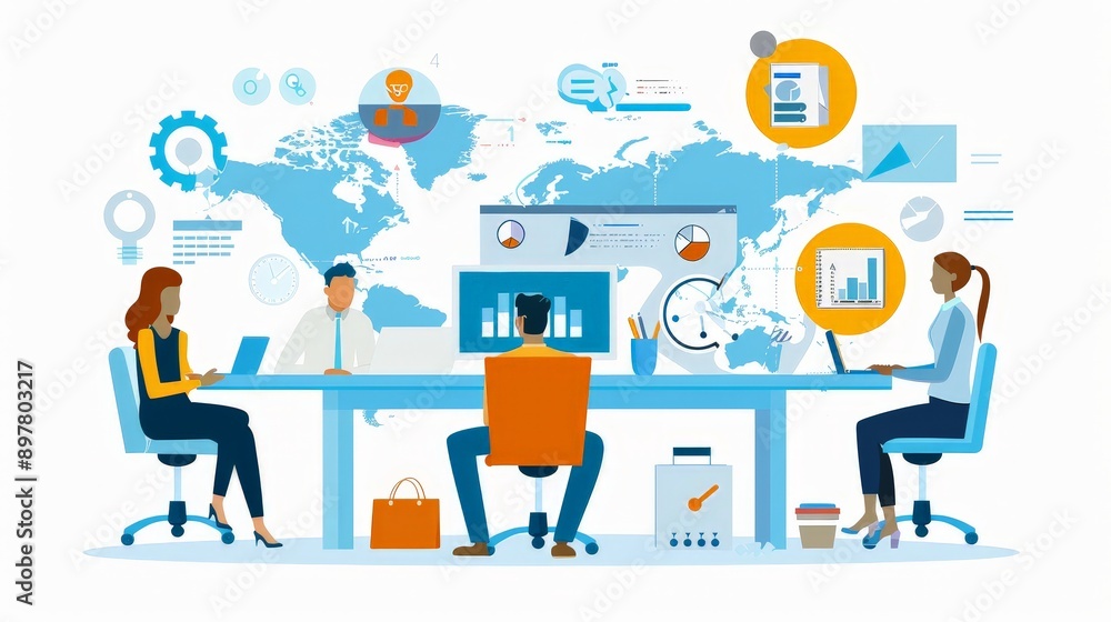 Illustrate a marketing team conducting a virtual meeting, collaborating with team members from different locations. Highlight the use of technology and the global nature of modern marketing teams. Illustrate a marketing team conducting a virtual meeting, collaborating with team members from different locations. Highlight the use of technology and the global nature of modern marketing teams.