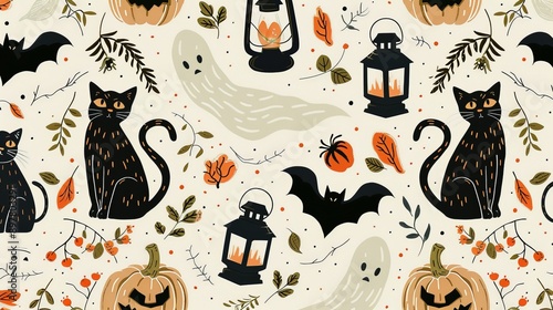 Illustrate a pattern with a vintage Halloween feel, including classic elements like black cats, lanterns, and Victorian-style ghosts.