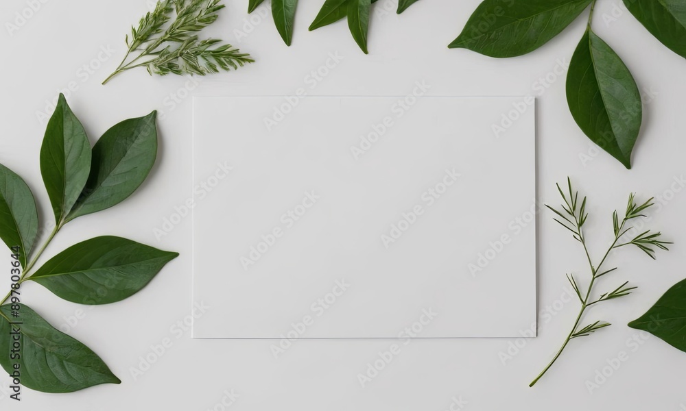 A white piece of paper with a green leaf on it A white piece of paper with a green leaf on it