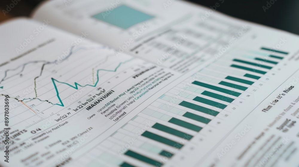 Open financial report showing positive growth with charts and graphs illustrating market trends Open financial report showing positive growth with charts and graphs illustrating market trends