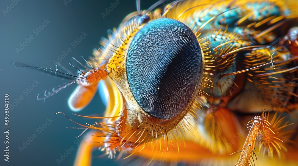 Macro view of a fruit fly’s eye and body, highlighting its tiny structures