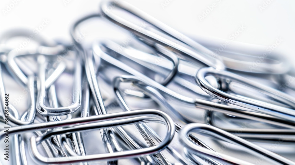 Metal paperclips gleam on a white surface, forming an abstract shape Metal paperclips gleam on a white surface, forming an abstract shape