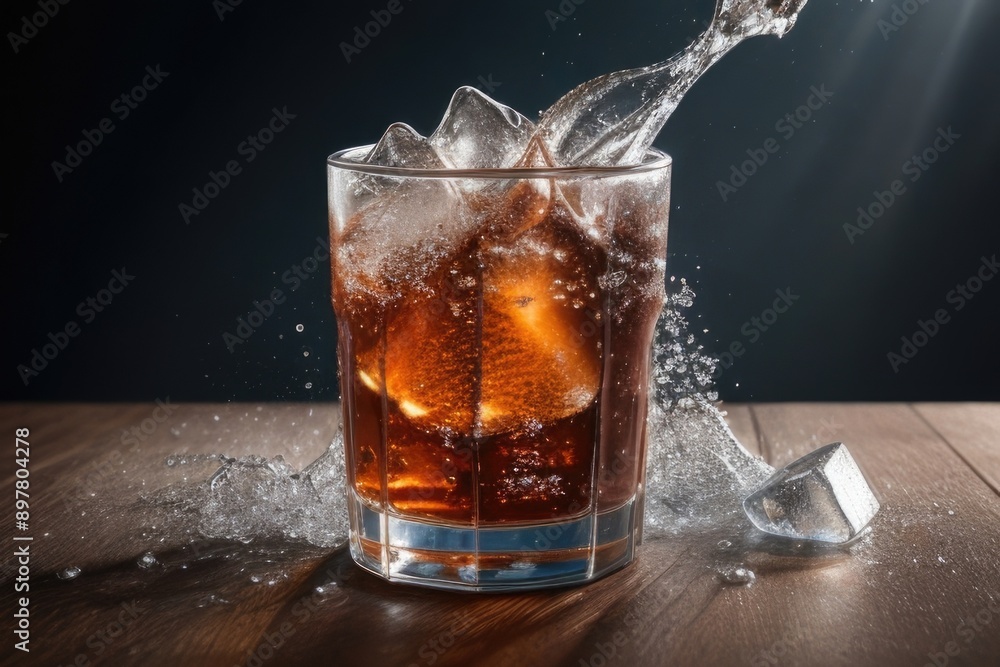 cola with splash and ice cubes over a dark background cola with splash and ice cubes over a dark background