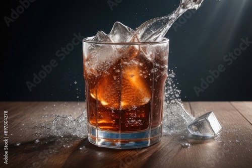 cola with splash and ice cubes over a dark background