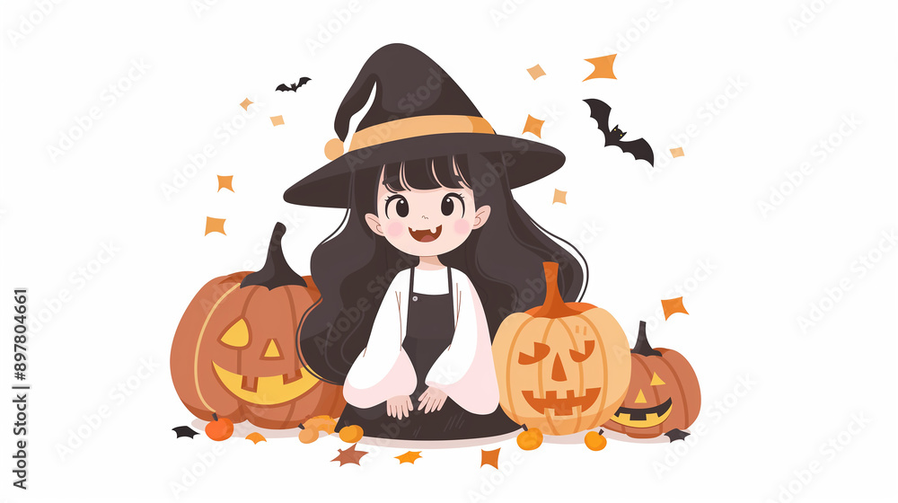 A girl in a witch hat with pumpkins and bats, celebrating Halloween. A girl in a witch hat with pumpkins and bats, celebrating Halloween.