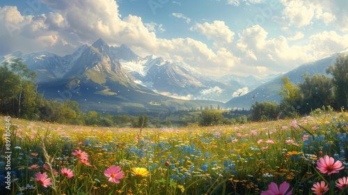 Obraz na płótnie Meadow with wildflowers and a distant forest w salonie