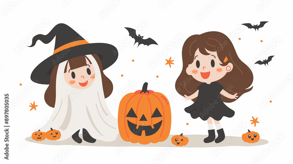 Two little girls dressed up for Halloween with pumpkins. Two little girls dressed up for Halloween with pumpkins.