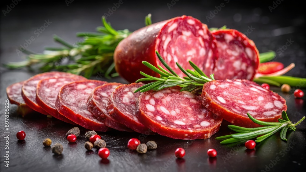 Vibrant red salami slices artfully arranged on a sleek black background, evoking a sense of savory sophistication and gourmet elegance. Vibrant red salami slices artfully arranged on a sleek black background, evoking a sense of savory sophistication and gourmet elegance.