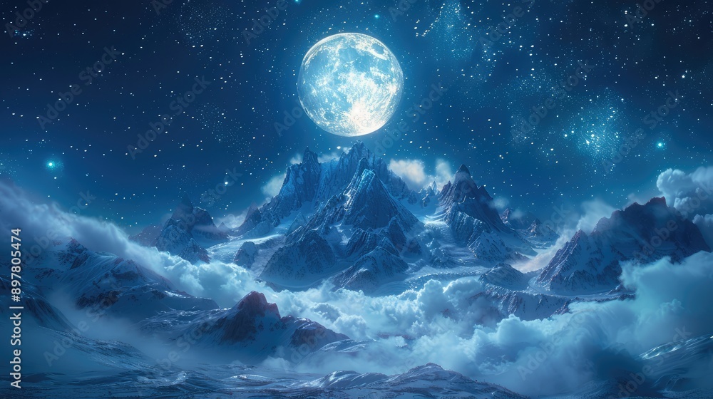 Moonlit mountain landscape with a starry sky