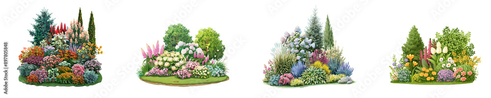 Four Different Garden Arrangements with Colorful Flowers and Trees Four Different Garden Arrangements with Colorful Flowers and Trees