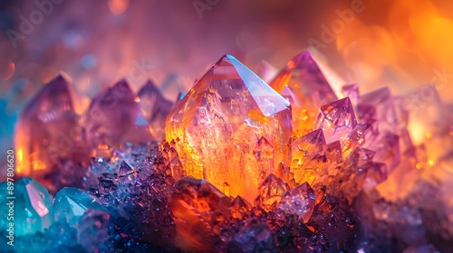 Radiant Mineral Crystal Formation with Faceted Surfaces and Vivid Color Play