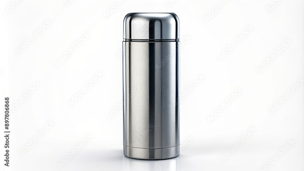 Sleek vertical steel thermos with metallic sheen, minimalist design, and closed cap, isolated on white background, perfect for cosmetic branding. Sleek vertical steel thermos with metallic sheen, minimalist design, and closed cap, isolated on white background, perfect for cosmetic branding.