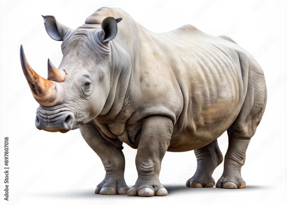 Fototapeta premium Majestic white rhinoceros stands proudly against a clean white background, showcasing its impressive horn and textured gray-brown skin, highlighting its strength and natural beauty.