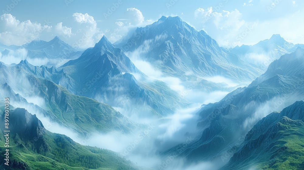 Mountains shrouded in morning mist