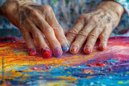 Close up of elderly woman's hands finger painting on canvas, senior care and activities, copy space photo