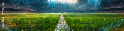 Dynamic Soccer Stadium Scene: Sports Arena Captures the Thrill of Football Matches, Perfect for Sports Enthusiasts and Event Promotion Backdrops.