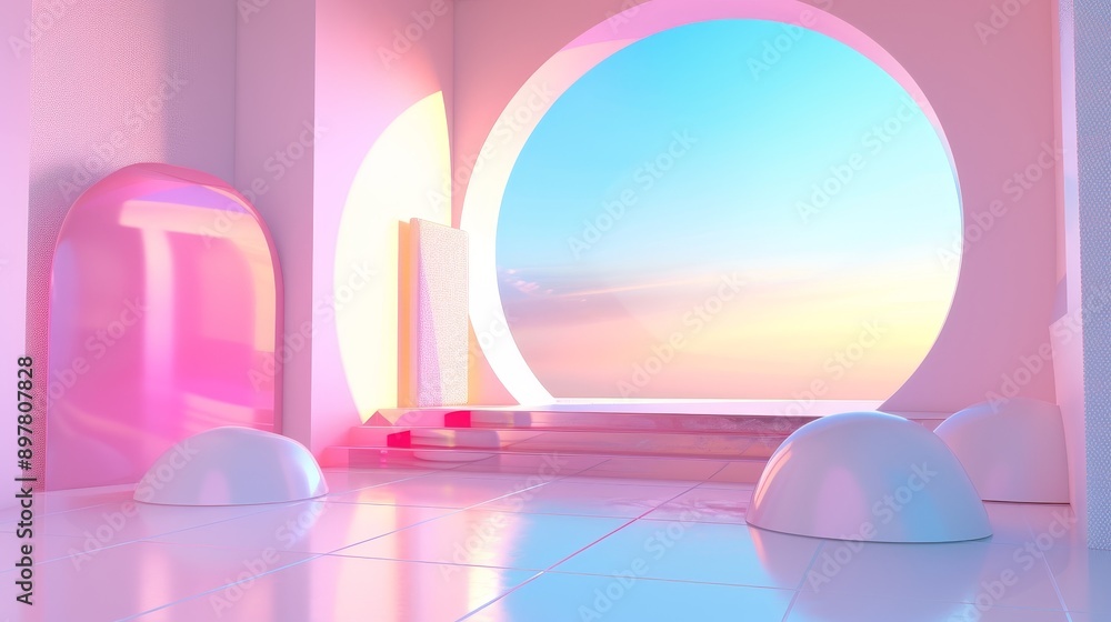 Modern pink and blue sunset interior with abstract shapes. Modern pink and blue sunset interior with abstract shapes.