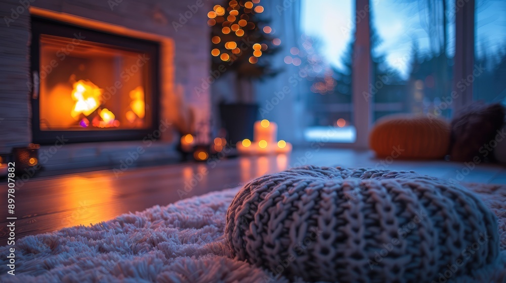 Blurred cozy living room with fireplace
